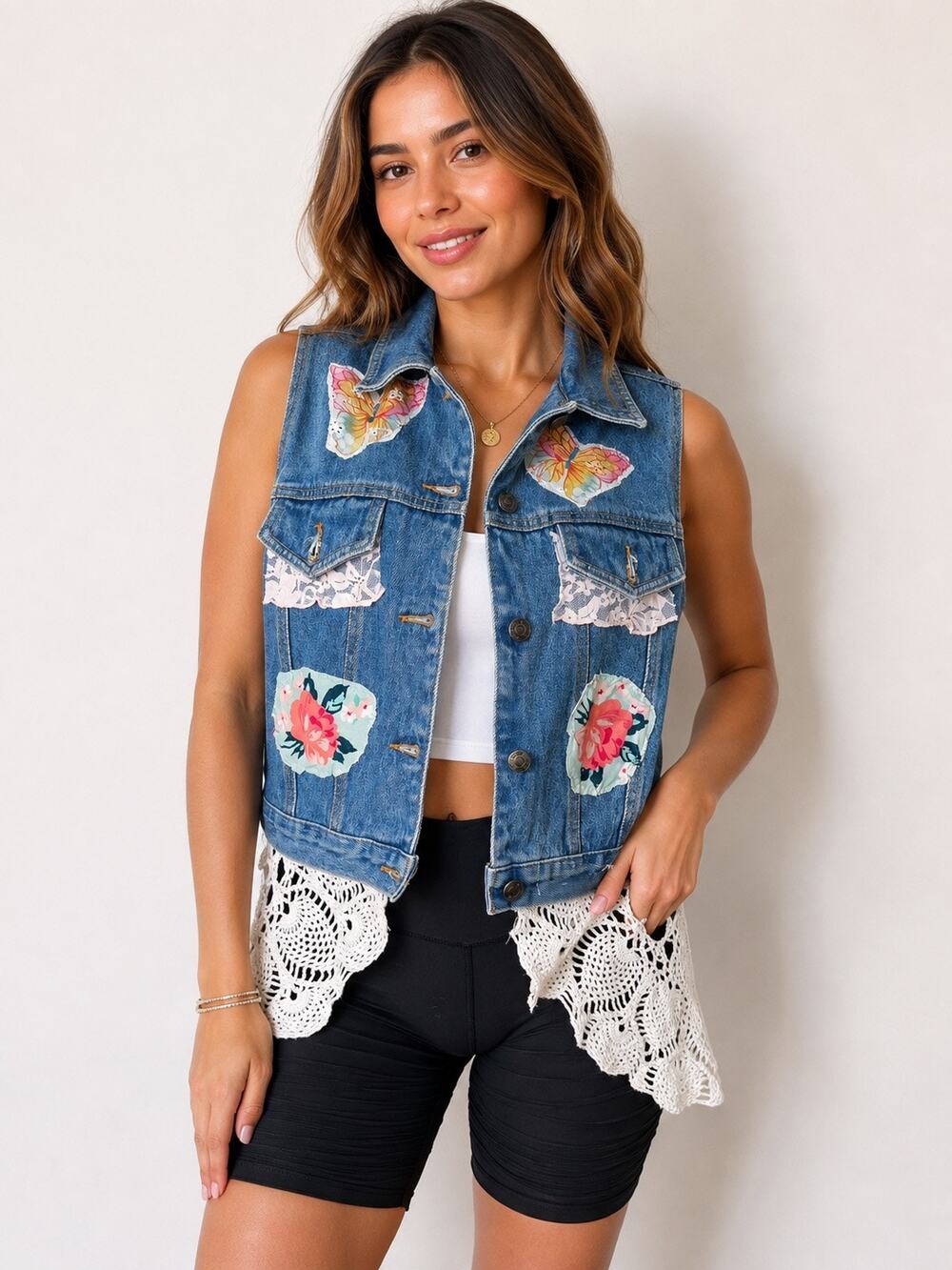 Handmade Upcycled Denim Vest Size Small Butterfly Floral Lace Boho OOAK